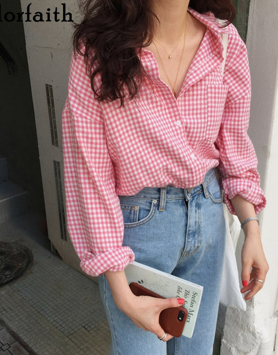 Colorfaith New 2020 Women Spring Summer Blouse Shirts Plaid Fashionable Single Breasted Casual Loose Wild Sweet Pink Tops BL023