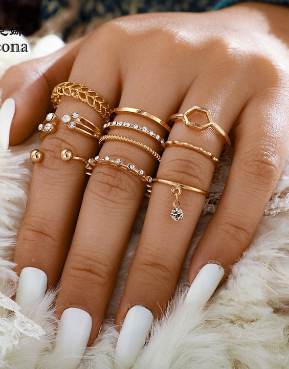 Tocona 8pcs/sets Bohemian Geometric Rings Sets Clear Crystal Stone Gold Chain Opening Rings for Women Jewelry Accessories 9012