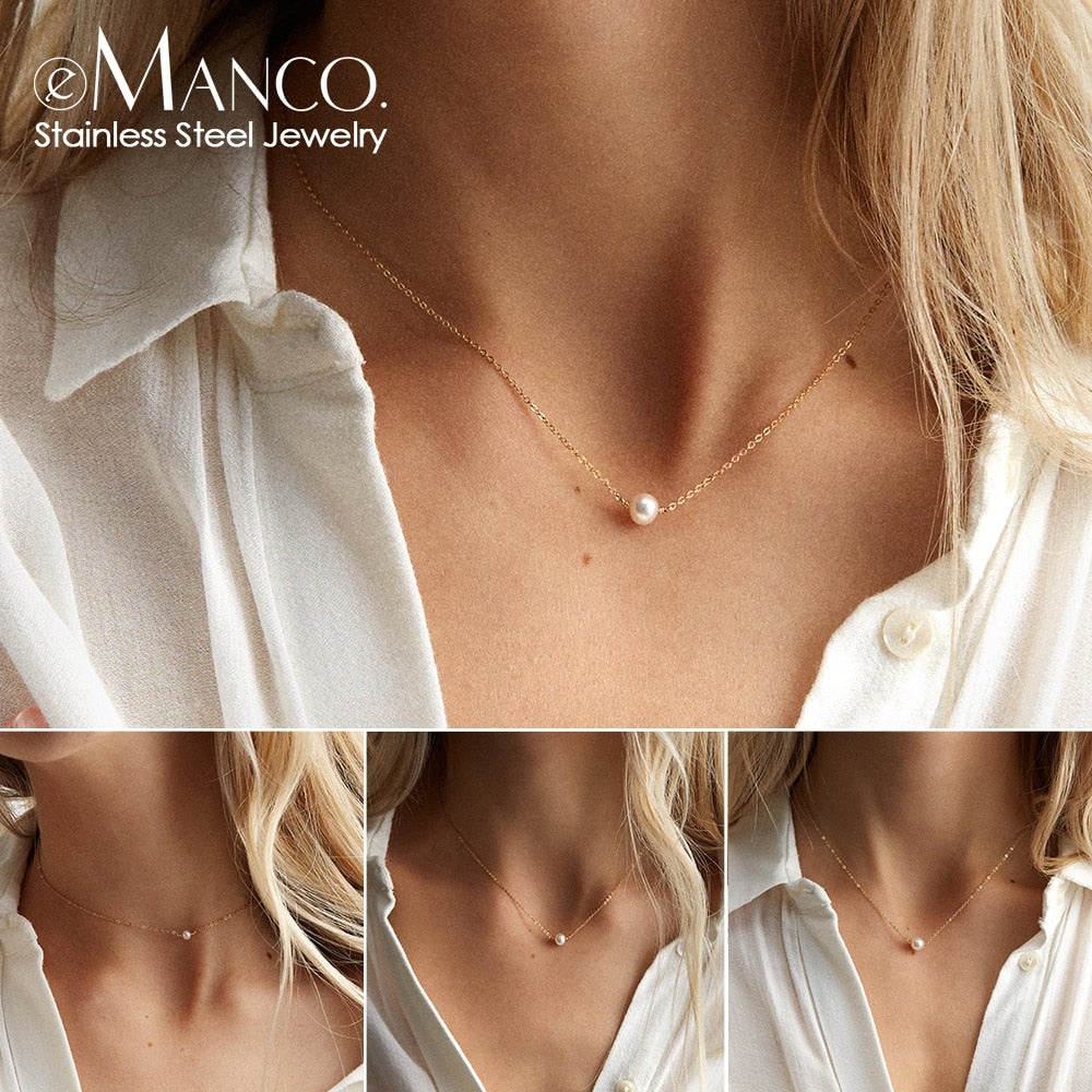 e-Manco stainless steel choker pearl necklaces for women gold layered Chain necklace jewelry