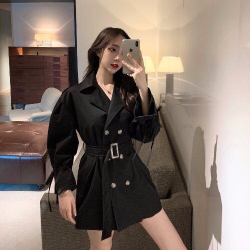 Long-sleeved trench coat women's short new Korean loose loose overalls coat waist